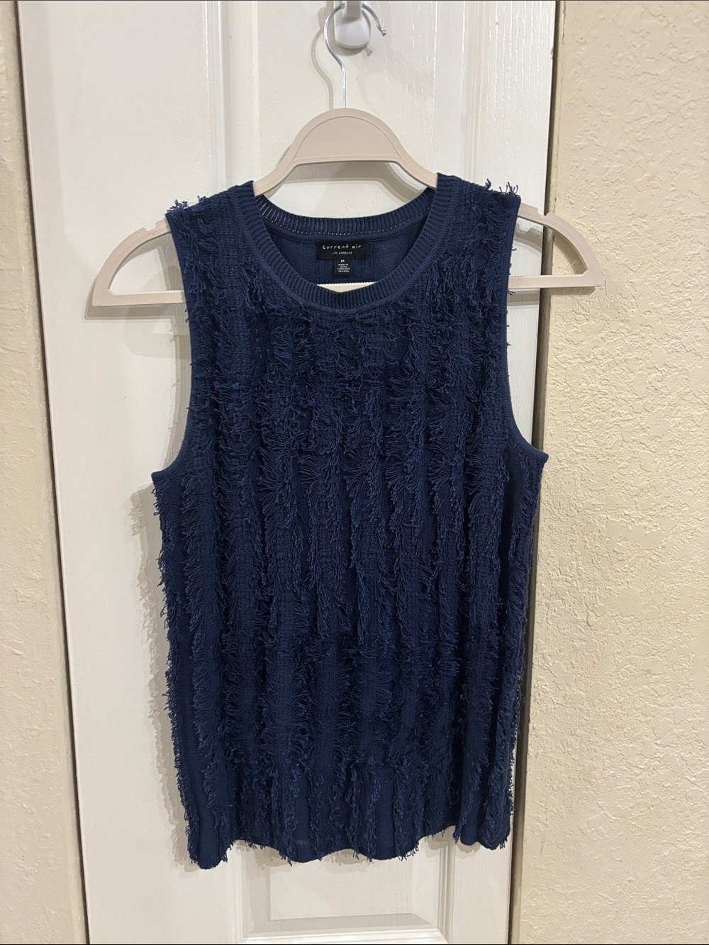 Current Air Sleeveless Textured Eyelash Fringe Knit Crewneck Tank Top